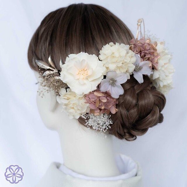 桜と紫陽花の髪かざり No.PW02 髪飾り シャンパンピンク×ホワイト 成人