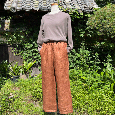 麻二重織 柿渋染めワイドパンツ25041