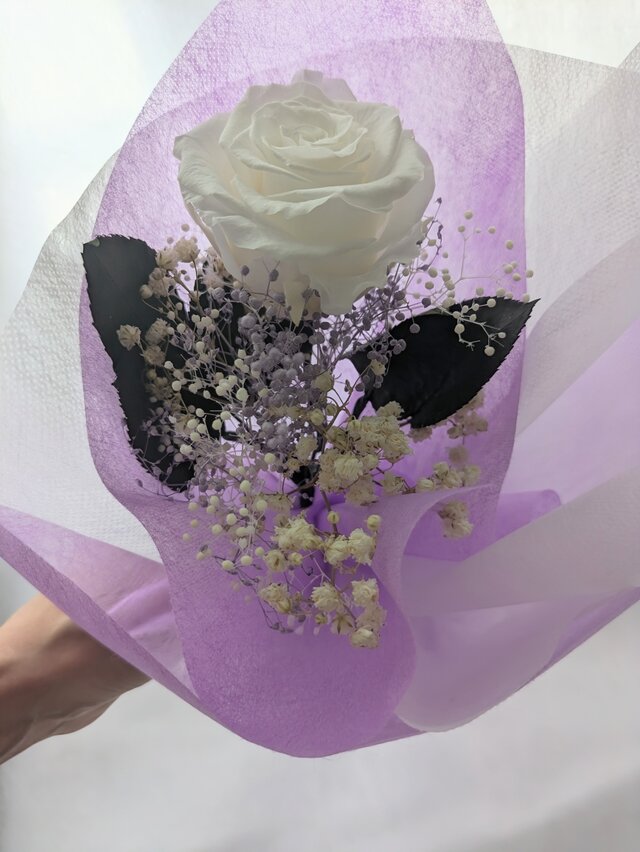 プリザーブドフラワー／大輪の白薔薇と白とパープルかすみ草のふんわり