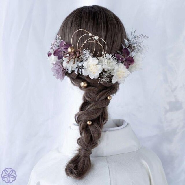 紫系フラワーと桃の花の髪かざり No.V001 髪飾り 成人式 卒業式 結婚式