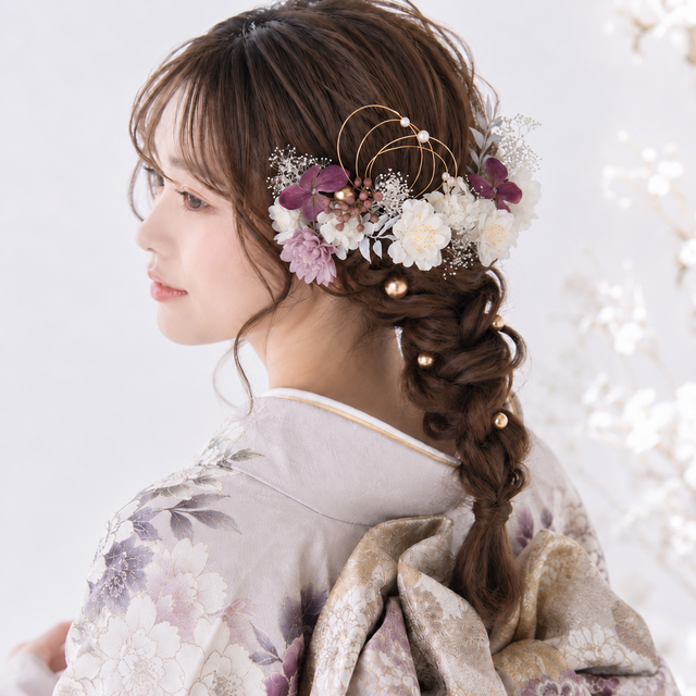 紫系フラワーと桃の花の髪かざり No.V001 髪飾り 成人式 卒業式 結婚式