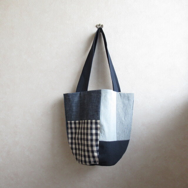 くったりバケツトート　パッチワーク、ネイビー　3
