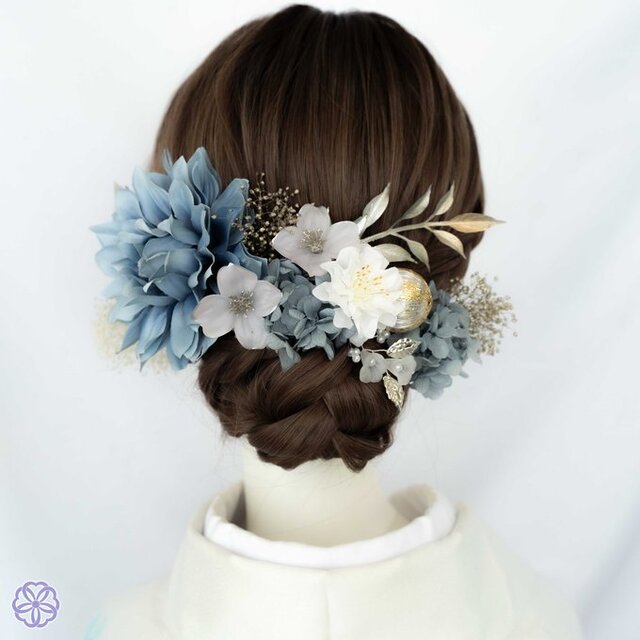 rei様髪飾りオーダーページ くすみブルーとラベンダーカラーの髪飾り No.RB13 青 成人式 卒業式