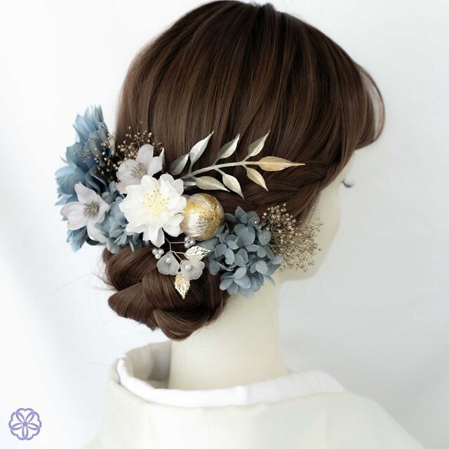 くすみブルーとラベンダーカラーの髪飾り No.RB13 青 成人式 卒業式