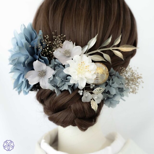 くすみブルーとラベンダーカラーの髪飾り No.RB13 青 成人式 卒業式