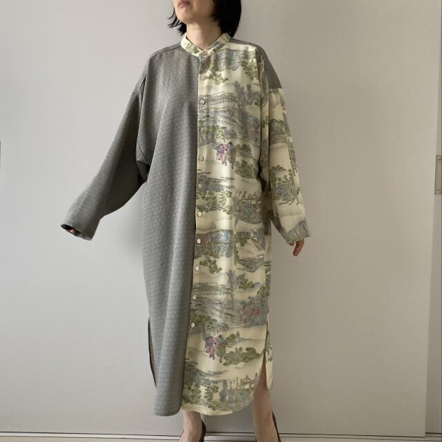 着物リメイク　正絹紬シャツワンピース 着物リメイク◇藍色×グレー紬のAラインシャツワンピース