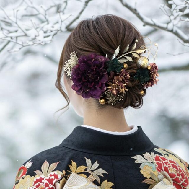 深紫と金緑の髪かざり No.GP38 成人式　卒業式　結婚式　振袖　着物　和装　ヘアアクセサリー かんざし