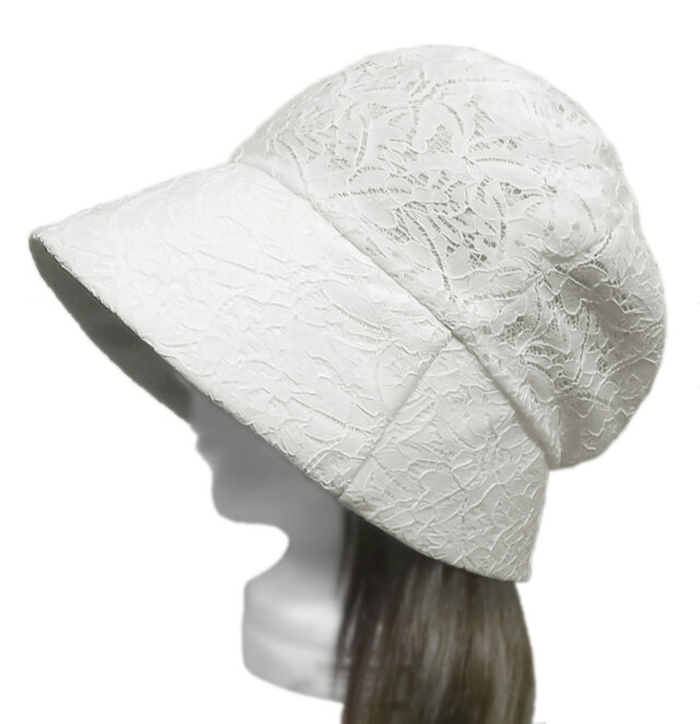 ゆったりトップ・つば広バケットハット◆コットンコードレース(ボタニカル柄)／オフ白　◇紫外線対策・小顔効果・オールシーズン着用◇