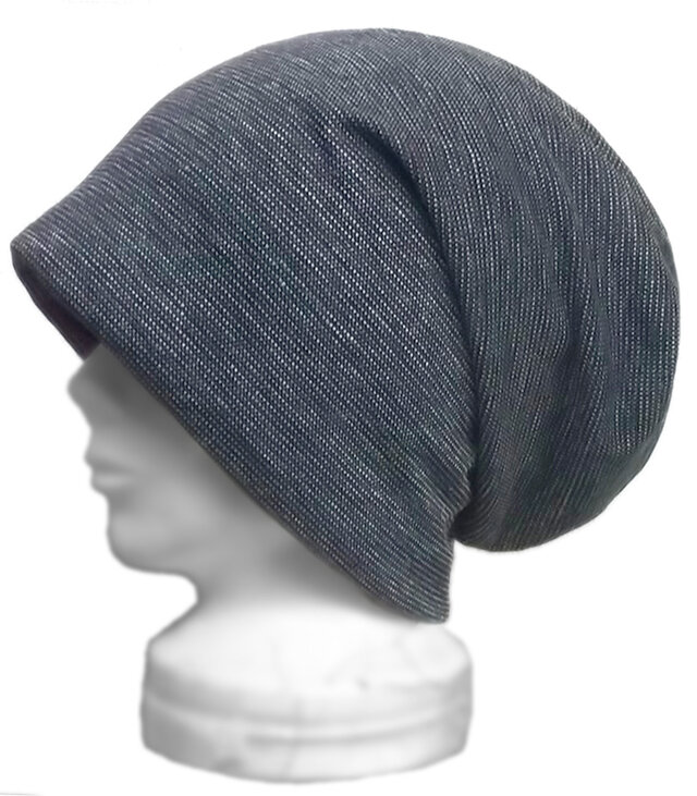ルーズワッチキャップ◆ハーフリネンスラブニット／ネイビー系　◇ゆったりサイズ・小顔効果・オールシーズン着用◇