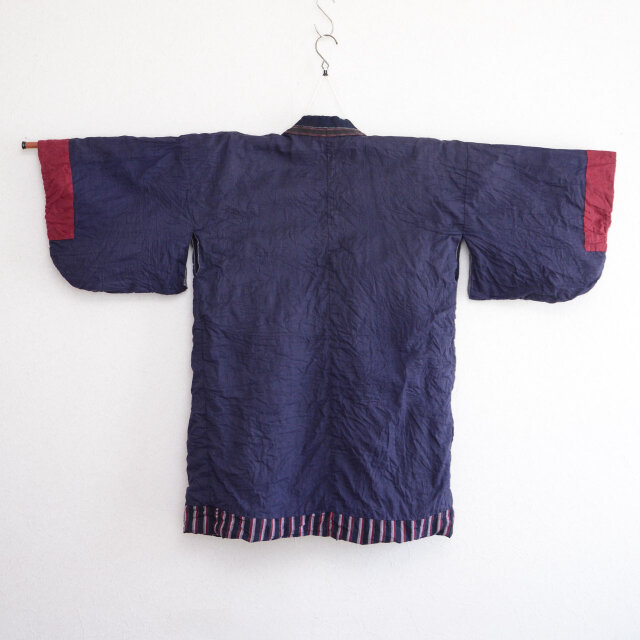 野良着 藍染襟 縞模様木綿ジャケット — リメイク素材にも最適な