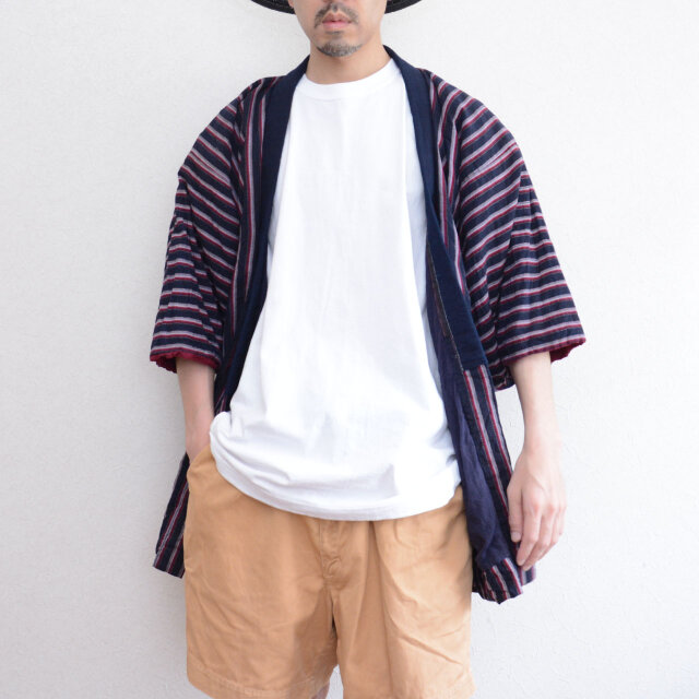 野良着 藍染襟 縞模様木綿ジャケット — リメイク素材にも最適な