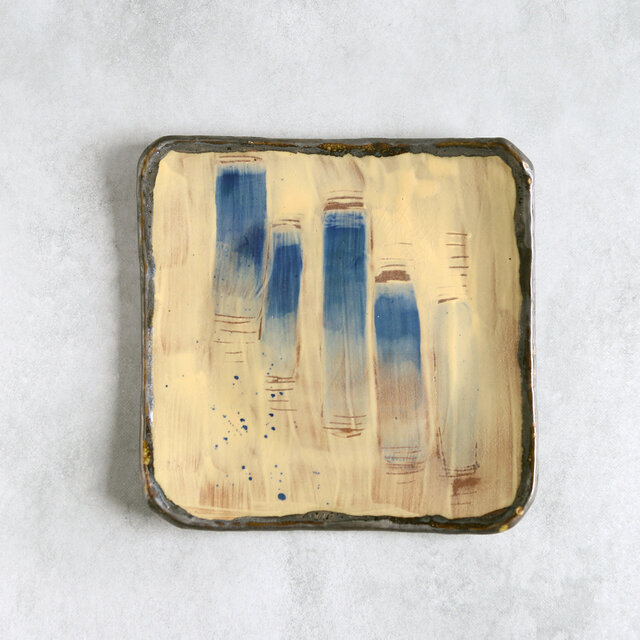 藍の線画・色絵陶器四角皿