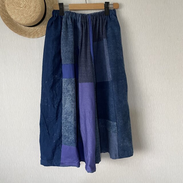 古布切替パッチワークワイドサルエルパンツ　一点物藍系Ｆ