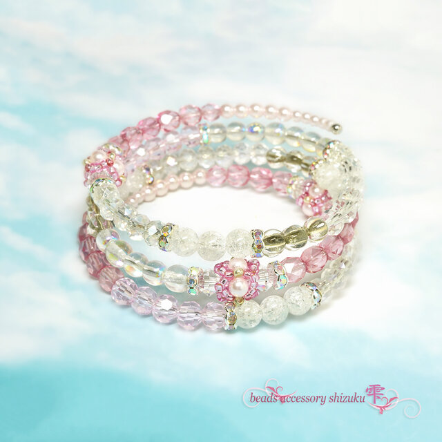 3連コイルブレスレット＊クラック水晶×ピンク