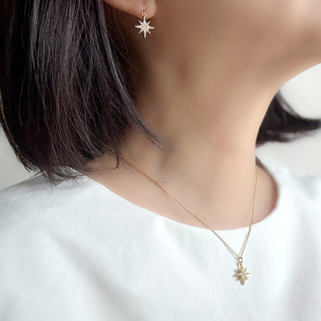 夜空に輝く、一番星 ピアス(イヤリング)&ネックレス セット 14Kgf