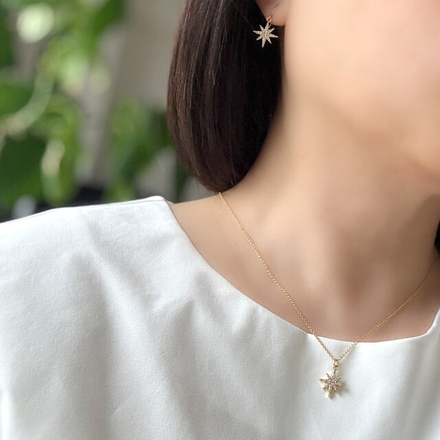 夜空に輝く、一番星 ピアス(イヤリング)&ネックレス セット 14Kgf