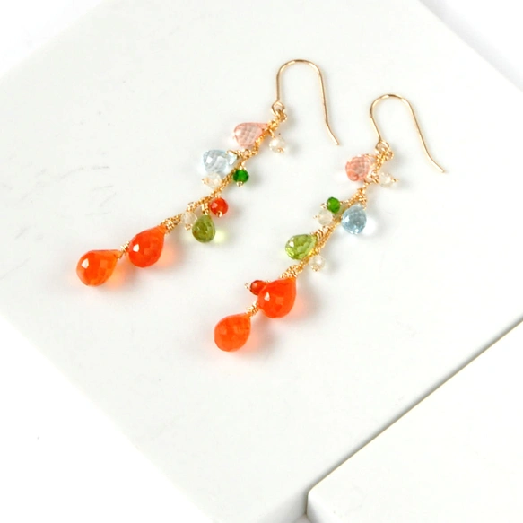 [果実のしずく]カーネリアンxペリドットxブルートパーズピアス14kgf