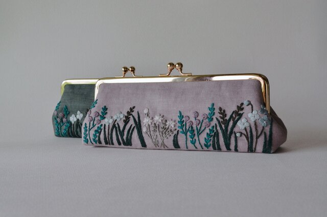 COACH がま口 ケース シグネチャー 花柄刺繍 ラベンダー レア 野の花 くすみ色 刺繍 がま口 ポーチ フレンチラベンダー