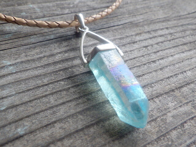 sv925 Aqua aura quartz necklace アクアオーラ原石ポイントの革紐