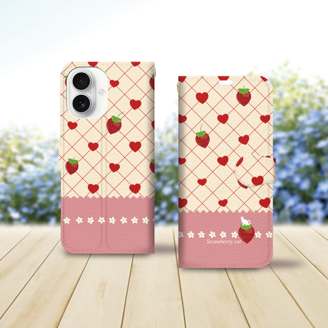 iPhone専用 手帳型スマホケース （カメラ穴あり/はめ込み式/スタンド機能付き）【ストロベリーキャットⅡ】