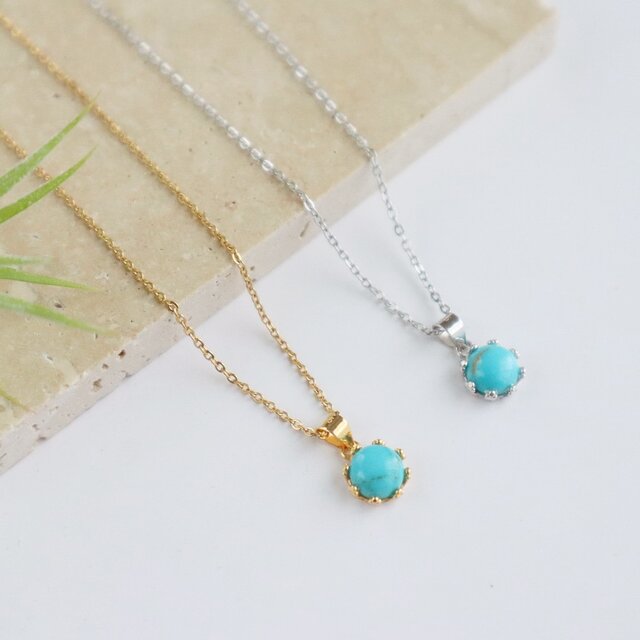 ターコイズ×ペタルチェーン 重ねづけ2連ネックレス 金属アレルギー対応