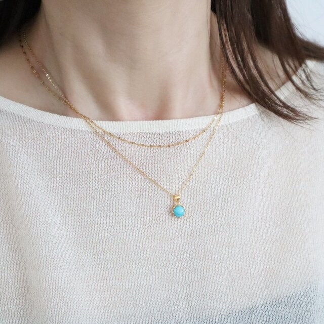 ターコイズ×ペタルチェーン 重ねづけ2連ネックレス　金属アレルギー対応ステンレス製