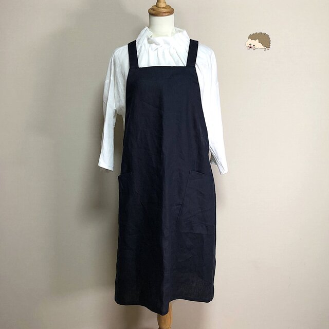 カラーリネン◆クロスエプロンワンピ◆ネイビー◆S～M、Ⅼ～LL（中厚、リネン100％）