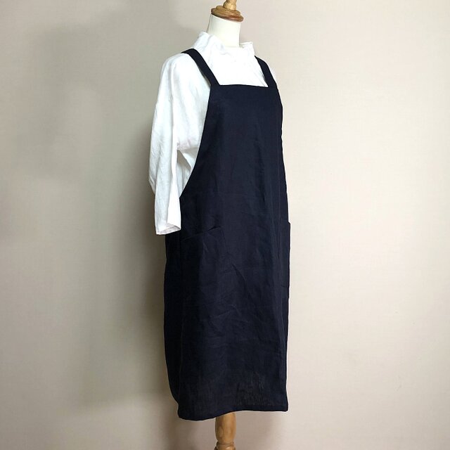 カラーリネン◇クロスエプロンワンピ◇ネイビー◇S～M、Ⅼ～LL（中厚