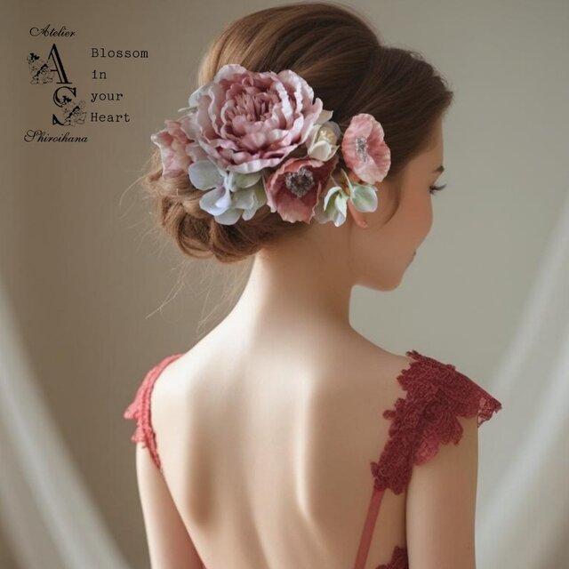 ⋆4点set⋆ クラシカルピンク：ポピー・ピオニーヘッドドレス《ワイヤー入りピック》