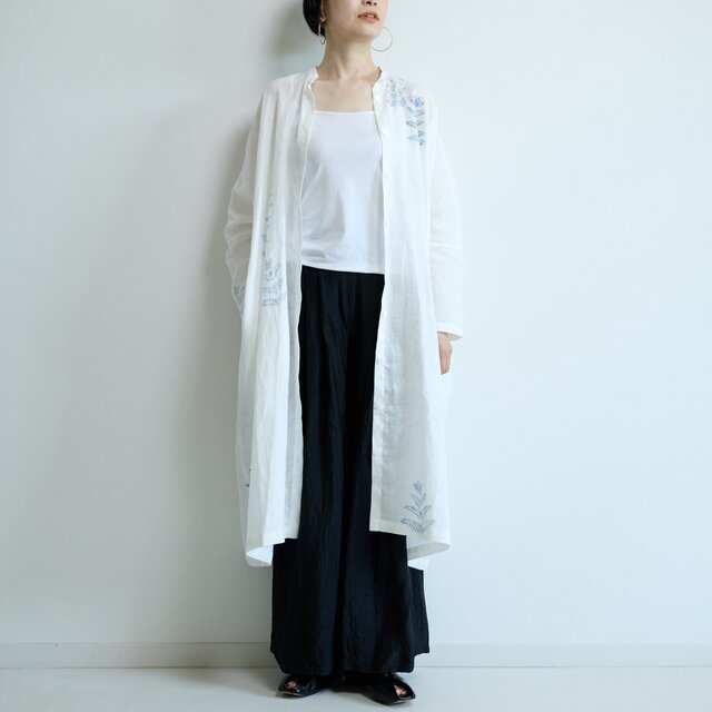 スタンドカラーシャツドレス　藍色シダ