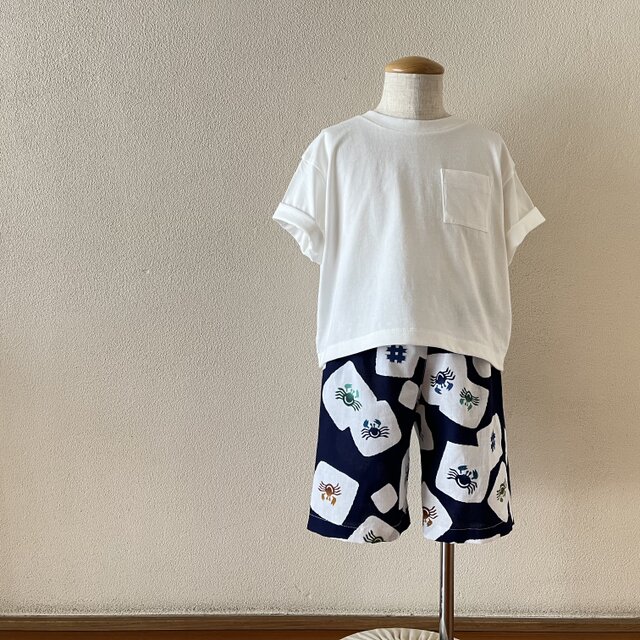 子供 浴衣地ハーフパンツ 注染カニ（紺地） 100～130〈受注製作