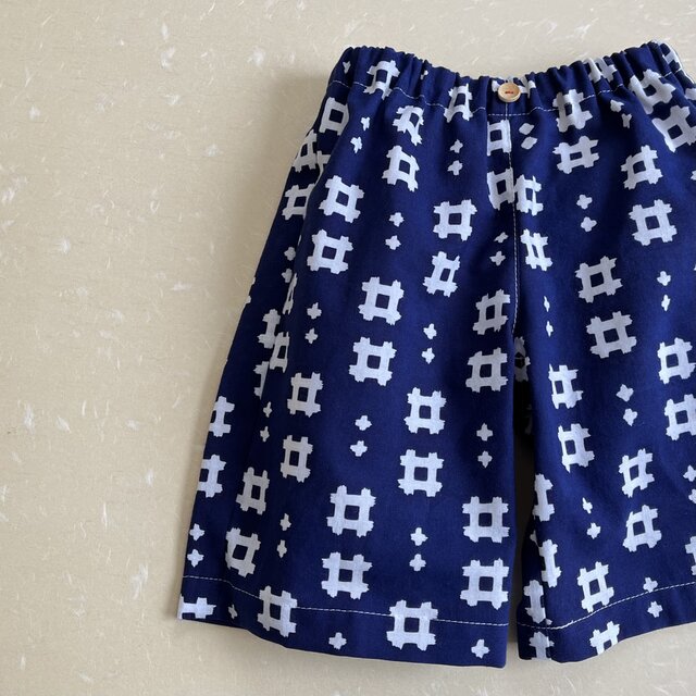 子供　浴衣地ハーフパンツ　注染イゲタ（紺地）　100～130〈受注製作〉