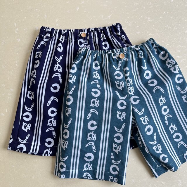 子供　浴衣地ハーフパンツ　注染カマワヌ（緑地）　100～130〈受注製作〉