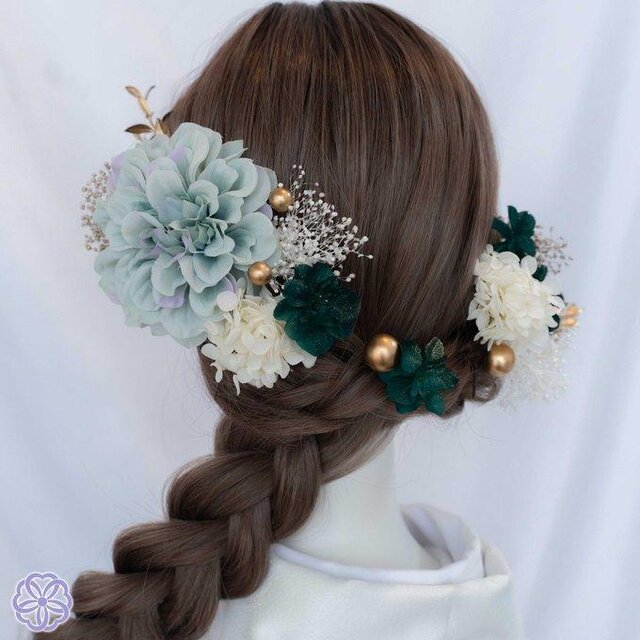 モスグリーンとくすみブルーグリーン No.MG2 髪飾り 成人式 卒業式