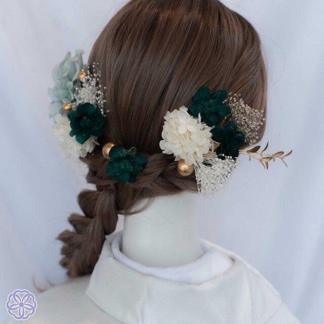 モスグリーンとくすみブルーグリーン No.MG2 髪飾り 成人式 卒業式