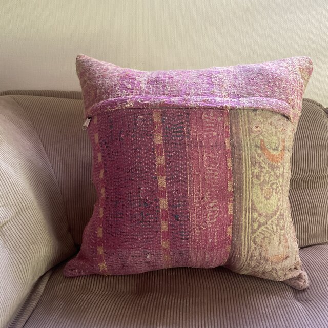 40×40 インド　ヴィンテージ　カンタキルト　クッションカバー　ピンク紫