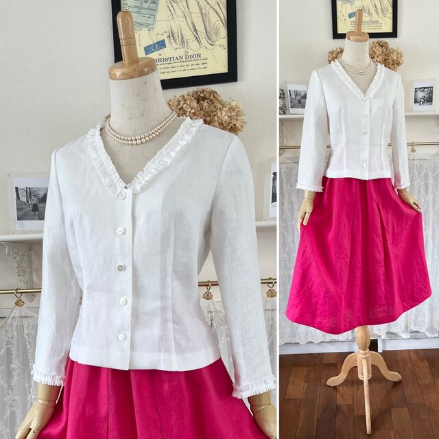 オフ白リネンのフリルブラウス『前開き・七分袖・麻のブラウス・ハオリモノ・エレガント』