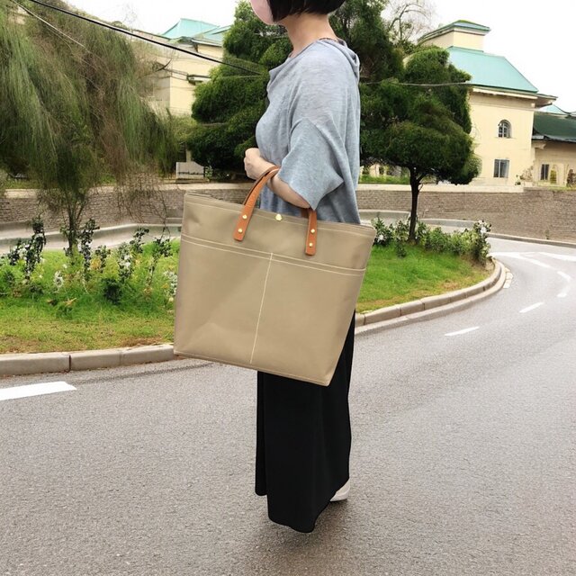 レザーハンドルが選べるキャンバストートバッグL（ハンドメイド／セミ