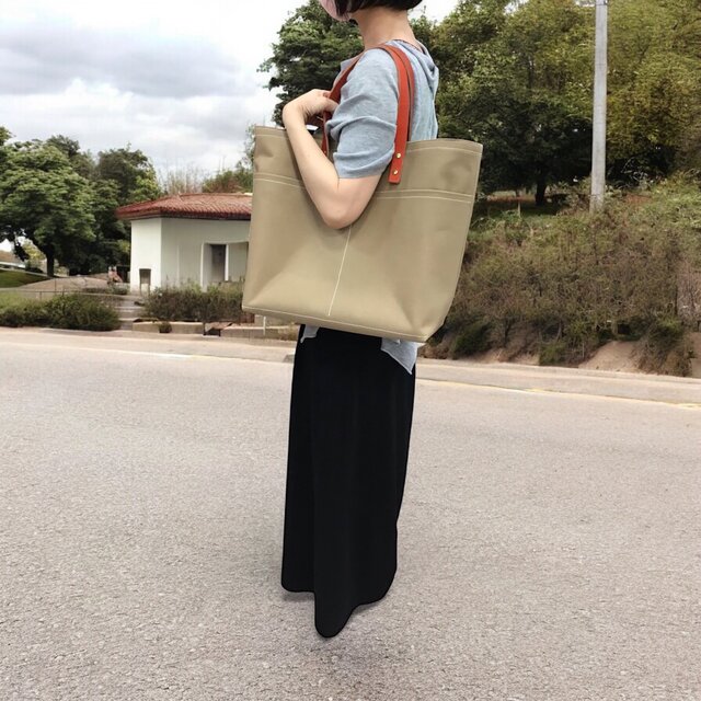 レザーハンドルが選べるキャンバストートバッグL（ハンドメイド／セミ