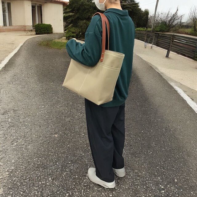 レザーハンドルが選べるキャンバストートバッグL（ハンドメイド／セミ