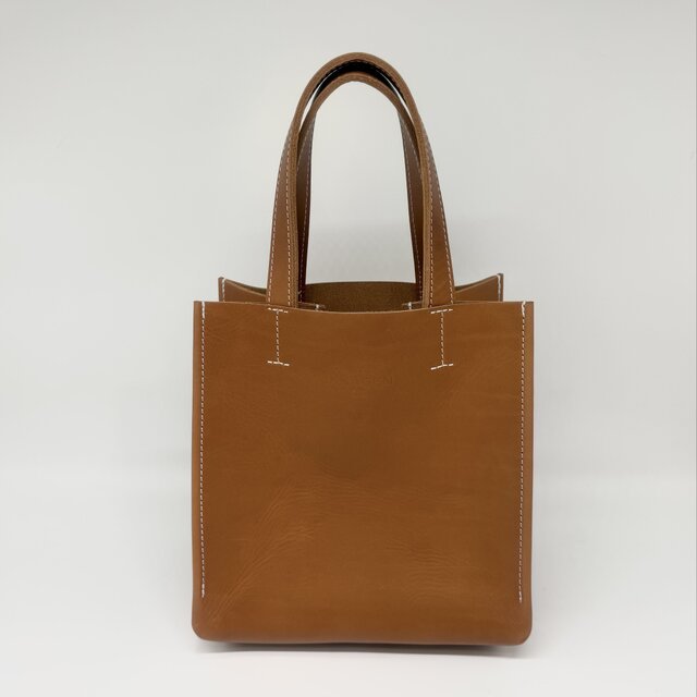 ハンドメイド　バック レザースクエアトートバッグ（ハンドメイド／ボックス型／マチ広め