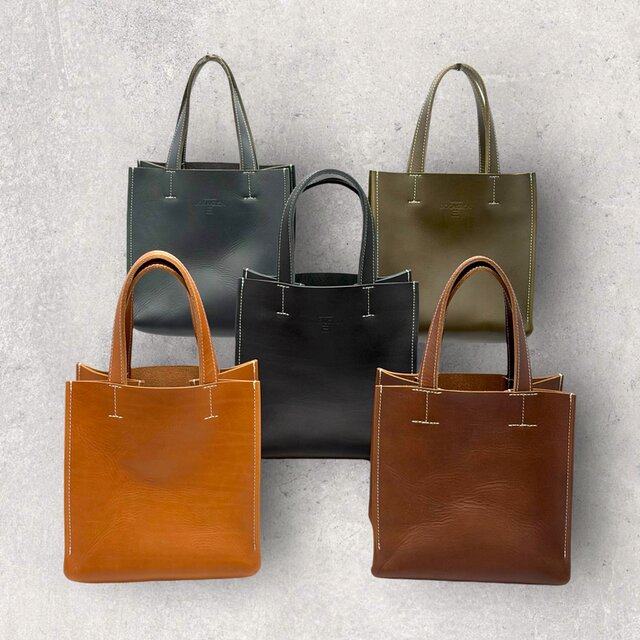 【新色追加】レザースクエアトートバッグ（ハンドメイド／ボックス型／マチ広め／手持ち）