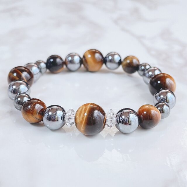 頑張る男性の強い味方！疲労ケアと仕事の成功に◎ タイガーアイ・鑑定済みテラヘルツ 天然石 ブレスレット No527再