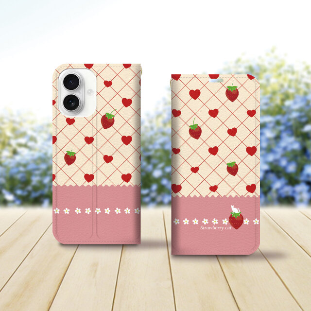 帯なし iPhone 手帳型スマホケース （カメラ穴あり/はめ込みタイプ）【ストロベリーキャットⅡ】