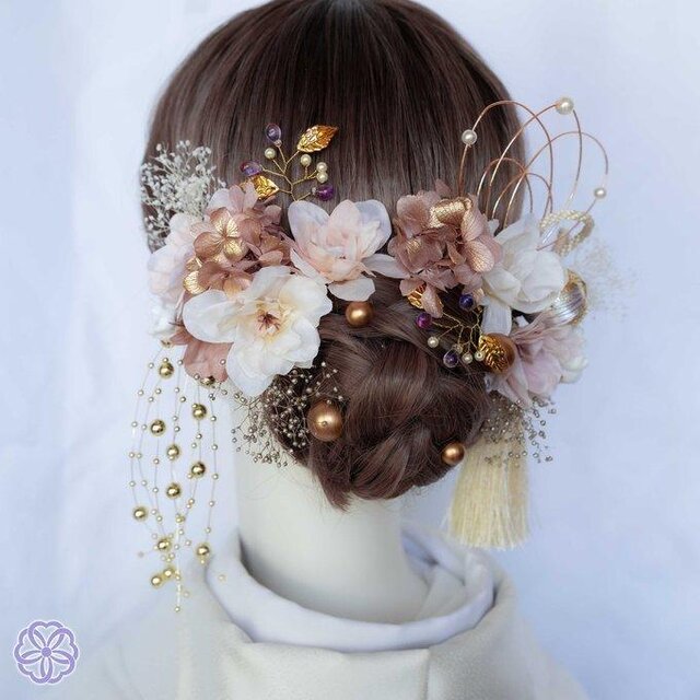 値下げ❗️新品・未使用　ヘアアクセサリー　成人式　卒業式 ピンクベージュ×小枝 No.PK76 髪飾り 成人式 卒業式 結婚式 成人式髪