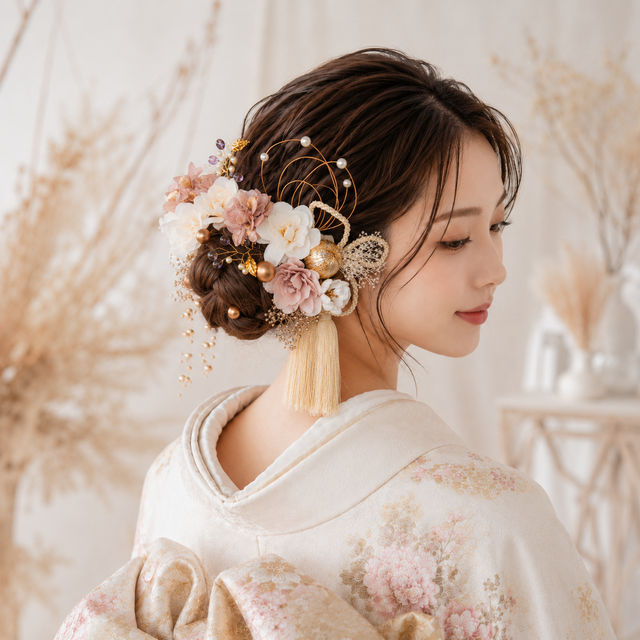 ピンクベージュ×小枝 No.PK76 髪飾り 成人式 卒業式 結婚式 成人式髪
