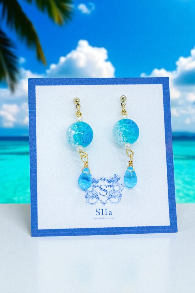 しゅわしゅわブルードロップピアス　イヤリング変更可能　ゴールド金具