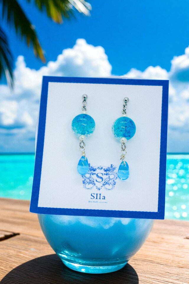 しゅわしゅわブルードロップピアス　イヤリング変更可能　シルバー金具