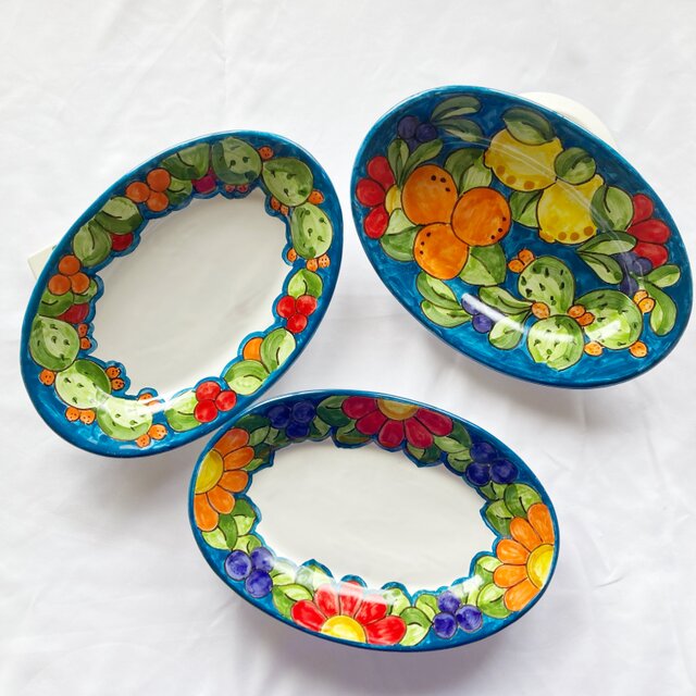 オーバル皿 26cm 花とフルーツ マヨリカ焼き イタリア陶器