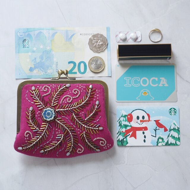 No.2】カードも入る ビーズ刺繍の小さながま口ポーチ・ピンク｜ギフト